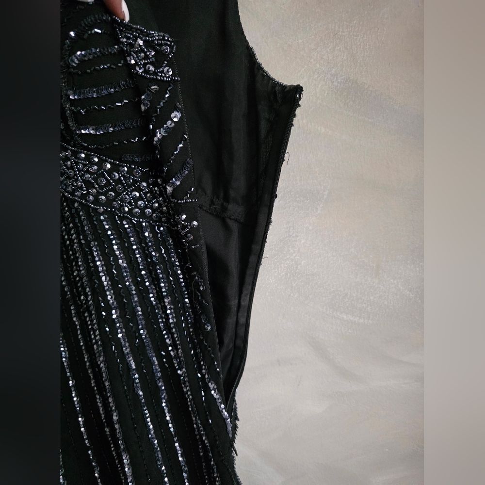 Black Fully Sequin Beaded Flapper Style Cocktail Dress Sleeveless Silk Sz 14 - Picture 12 of 16